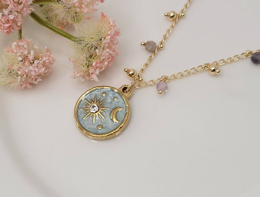 MOON  & STAR CHARM WITH CRYSTAL BEADS TARNISH FREE NECKLACE.