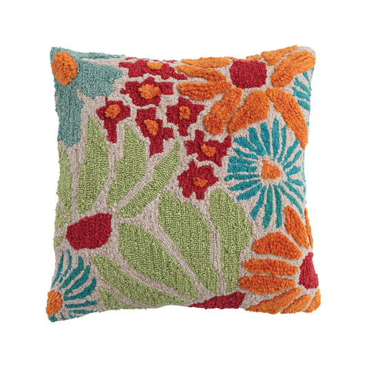 20" Square Fabric Tufted Pillow with Flowers