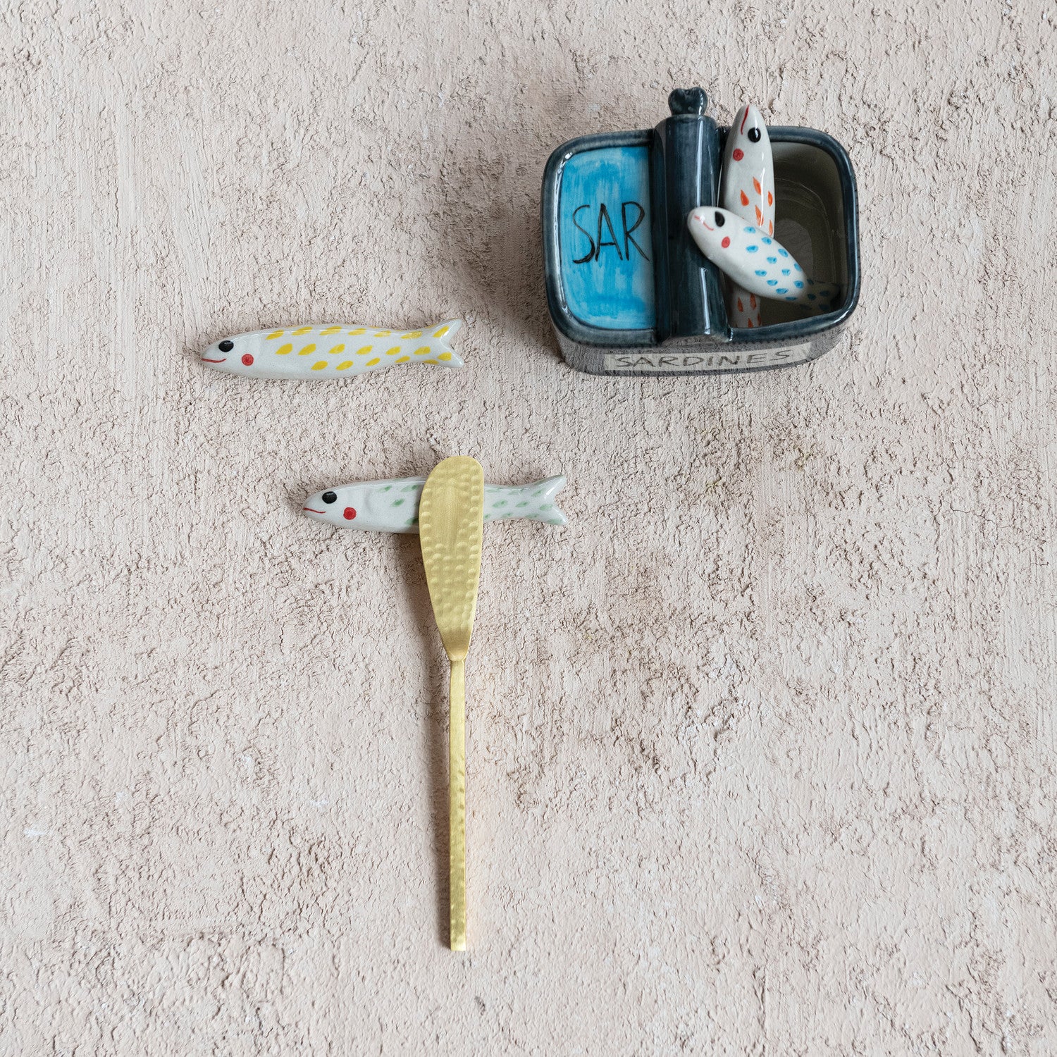 Hand-Painted Stoneware Container with (4) Sardine Utensil Rests