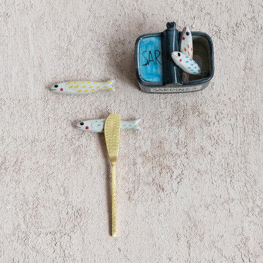 Hand-Painted Stoneware Container with (4) Sardine Utensil Rests