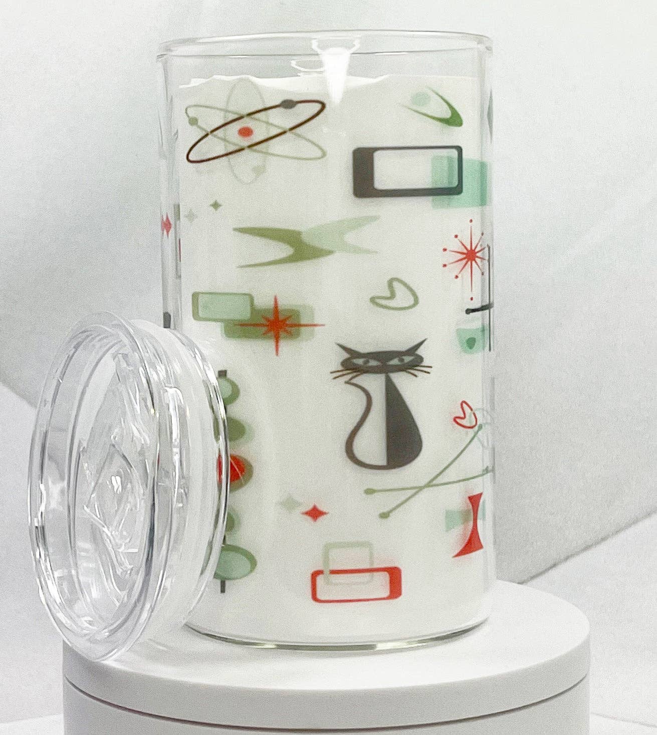 MCM Mix Retro Cat Glass with Drinking Lid and Straw