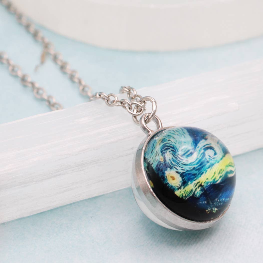 Starry Night Print Silver Globe Fine Art Necklace