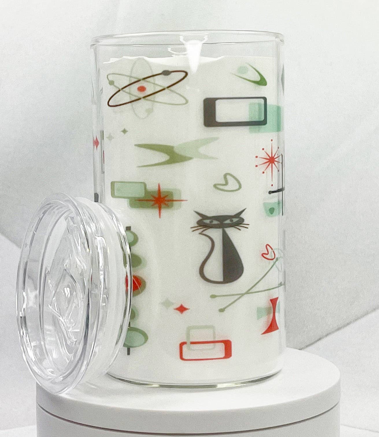 MCM Mix Retro Cat Glass with Drinking Lid and Straw