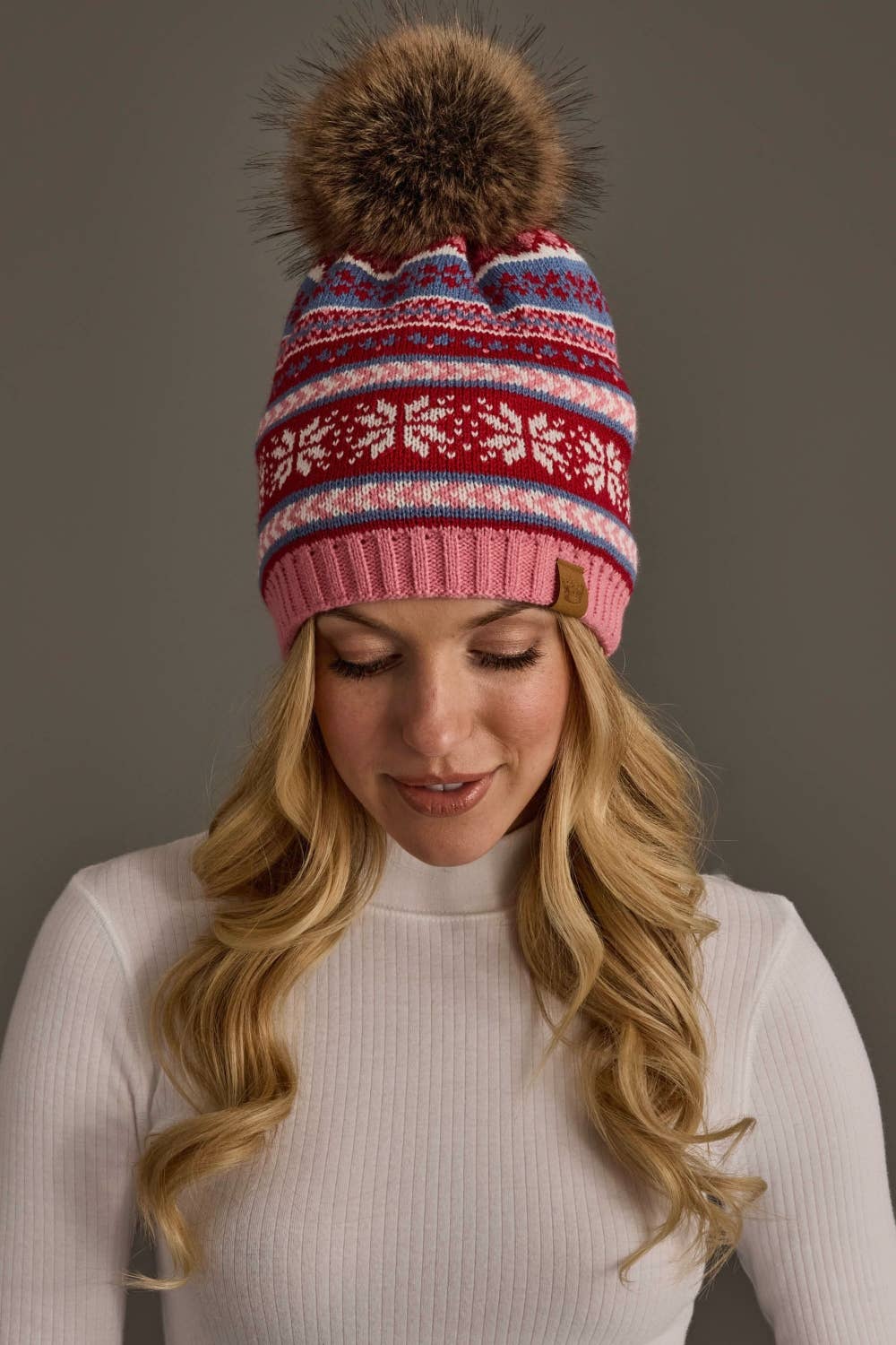 Pink, Red & Blue Christmas Pattern Pom Hat