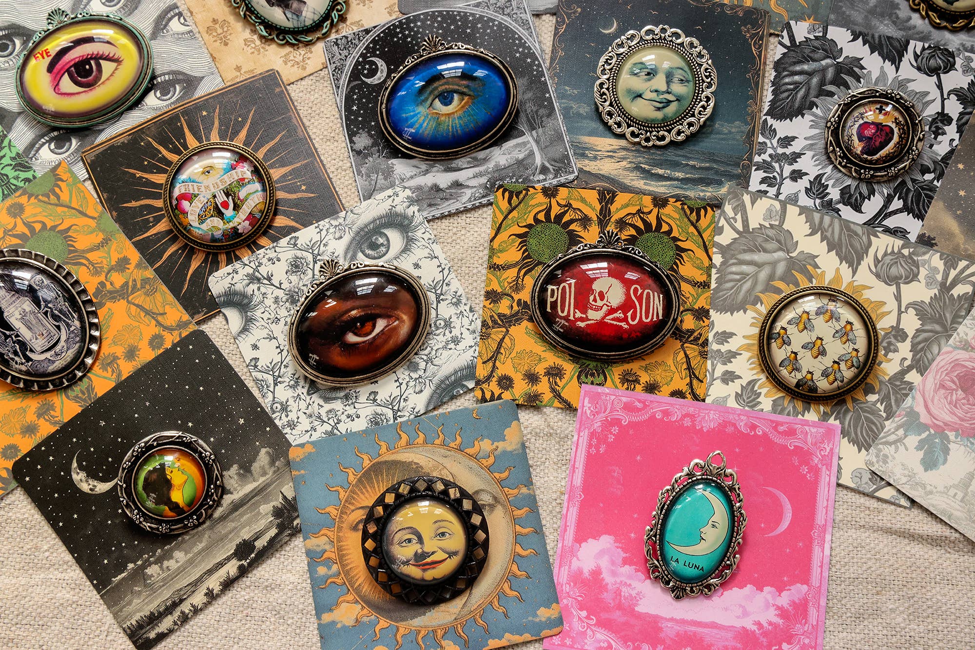 Handmade Eclectic Vintage Cameo Brooches on Cards