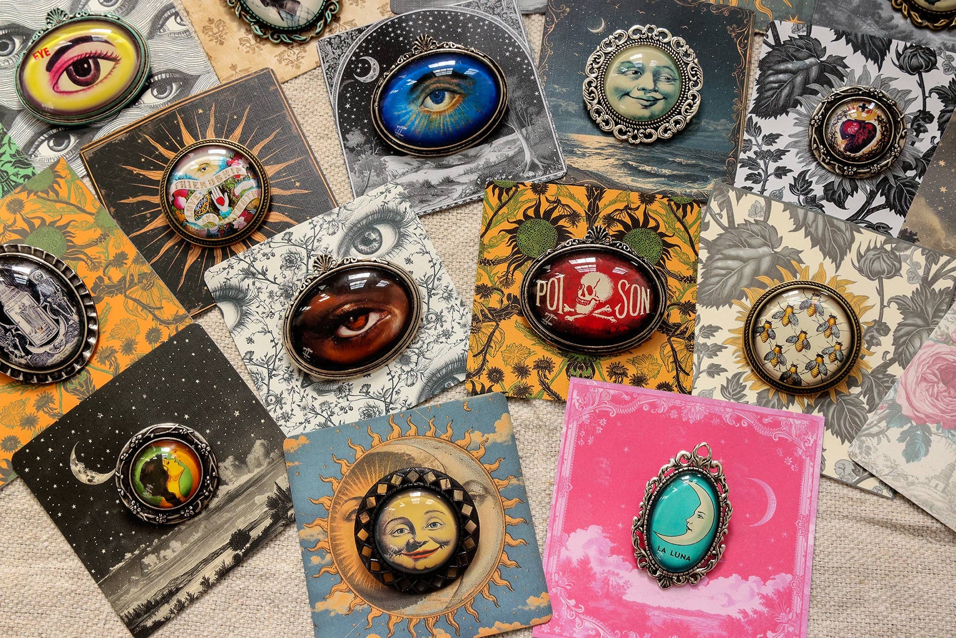 Handmade Eclectic Vintage Cameo Brooches on Cards