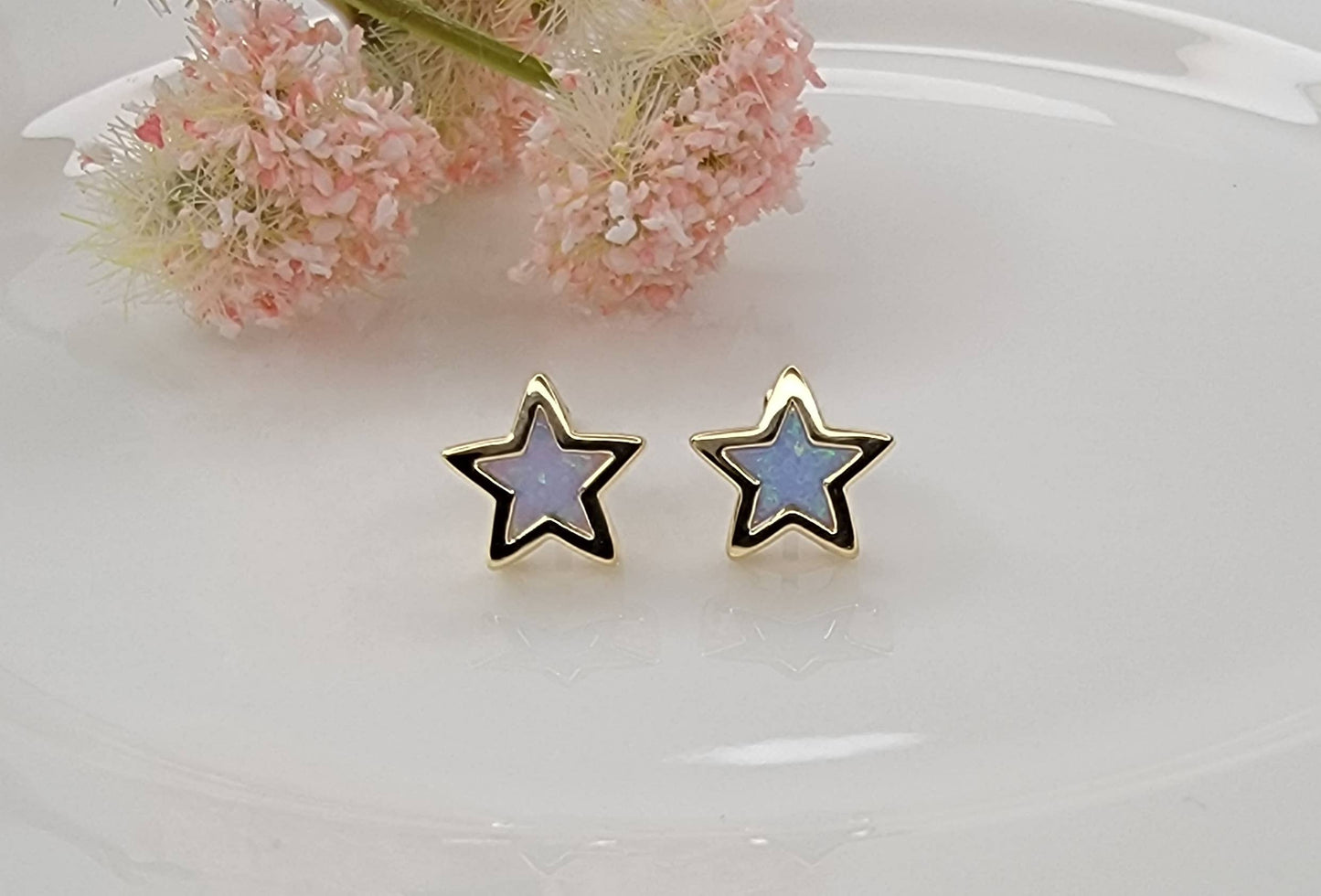 STAR SHAPE DECO LAB GROWN BLUE OPAL STUD EARRINGS.