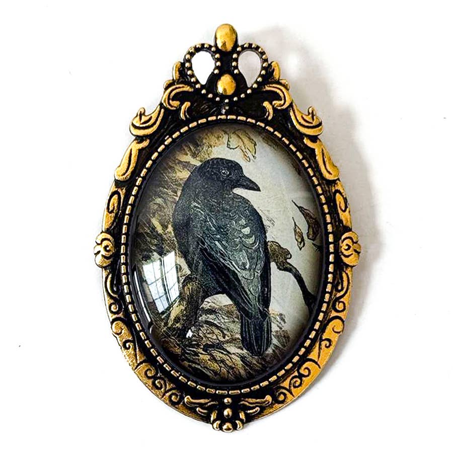 Antique Crow Cameo Art Brooch Vintage Silver or Gold
