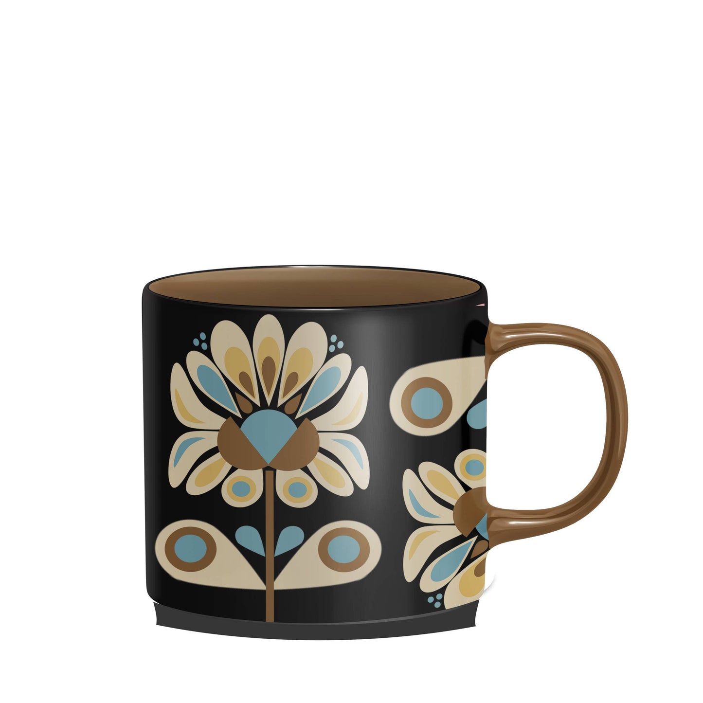 Black and Blue Petals Mid Century Stackable Matte Coffee Mug