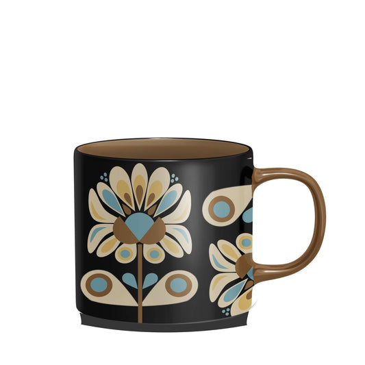 Black and Blue Petals Mid Century Stackable Matte Coffee Mug
