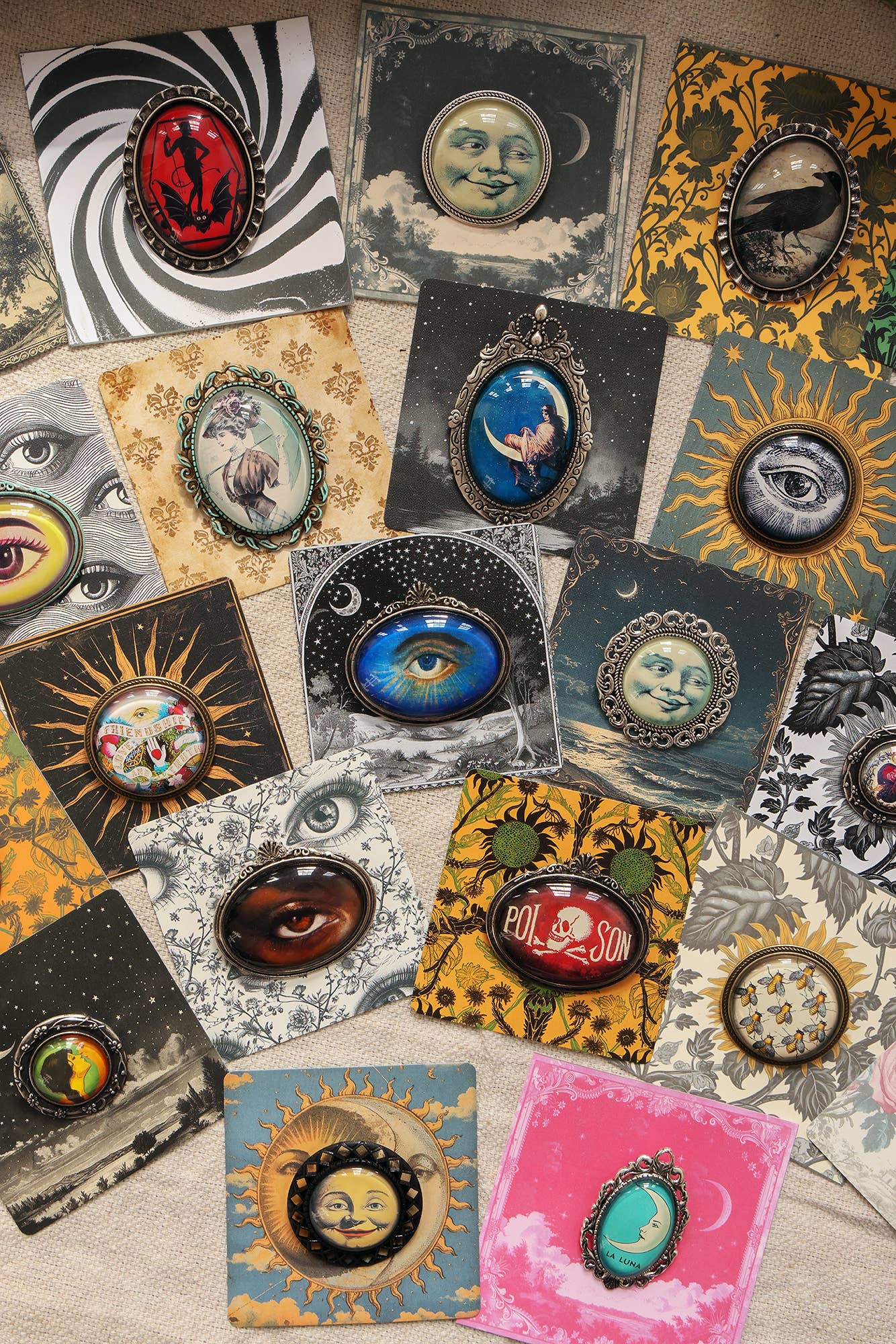 Handmade Eclectic Vintage Cameo Brooches on Cards
