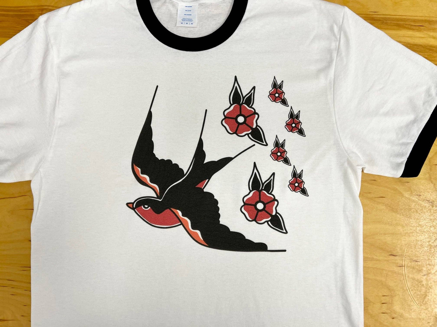 Traditional Sparrows and Flowers Black and White Ringer T-Sh
