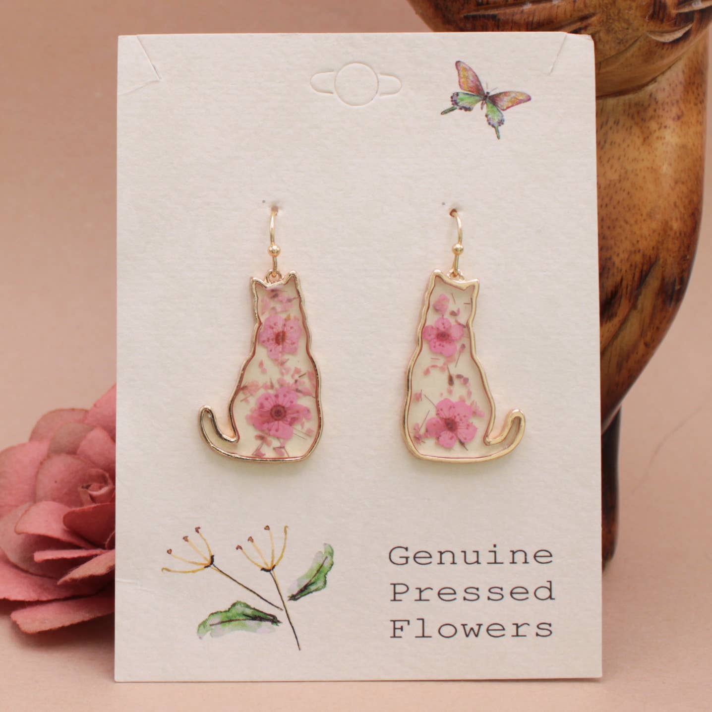 Feline Friend Cat Dried Flower Earrings - Vintage MC