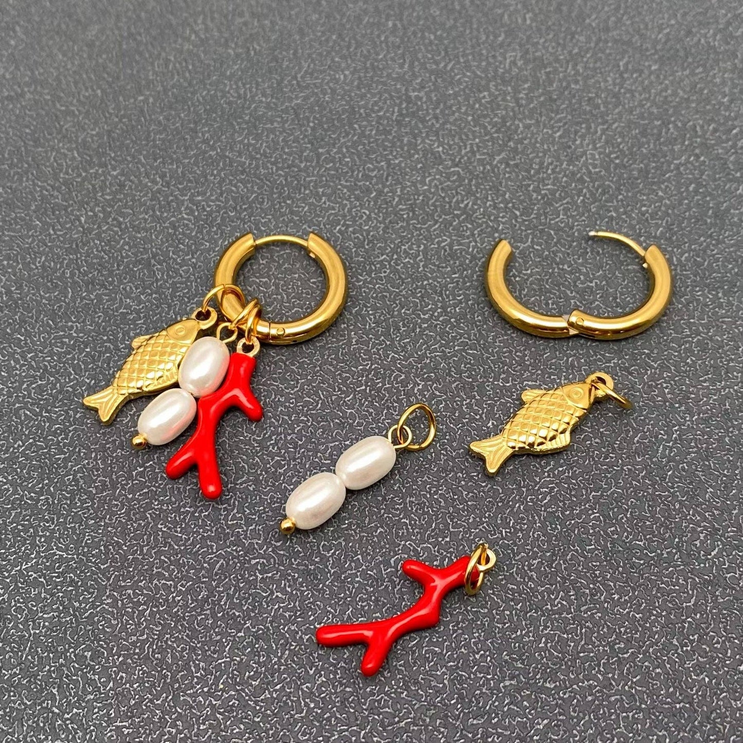 Fish & Pearls & Coral Huggie Earrings - Vintage MC