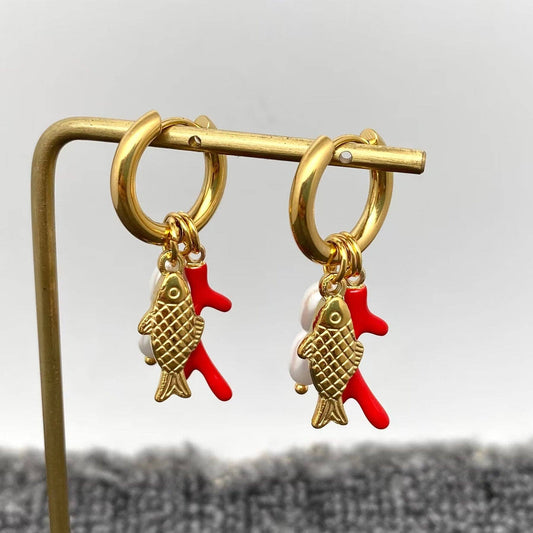 Fish & Pearls & Coral Huggie Earrings - Vintage MC