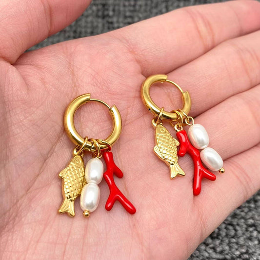 Fish & Pearls & Coral Huggie Earrings - Vintage MC