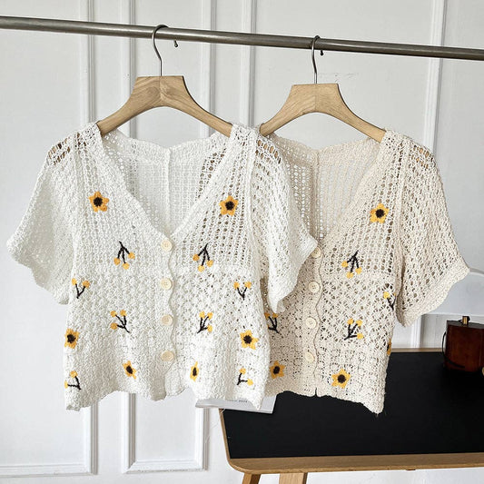Floral Hollow Embroidered Thin Knit Cardigan - Vintage MC