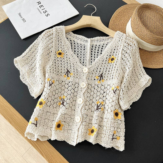 Floral Hollow Embroidered Thin Knit Cardigan - Vintage MC