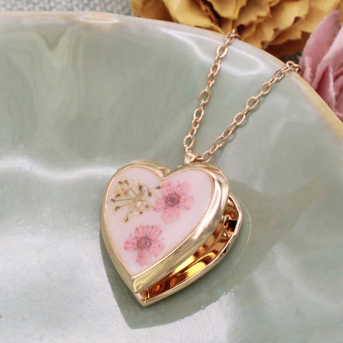 Floral Memories Pink Dried Flower Locket Necklace - Vintage MC