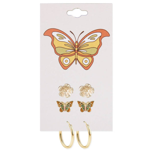 Gold Flower Butterfly Post Hoop Earrings Set - Vintage MC