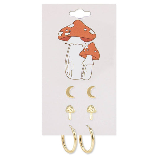 Gold Moon Mushroom Post Hoop Earring Set - Vintage MC