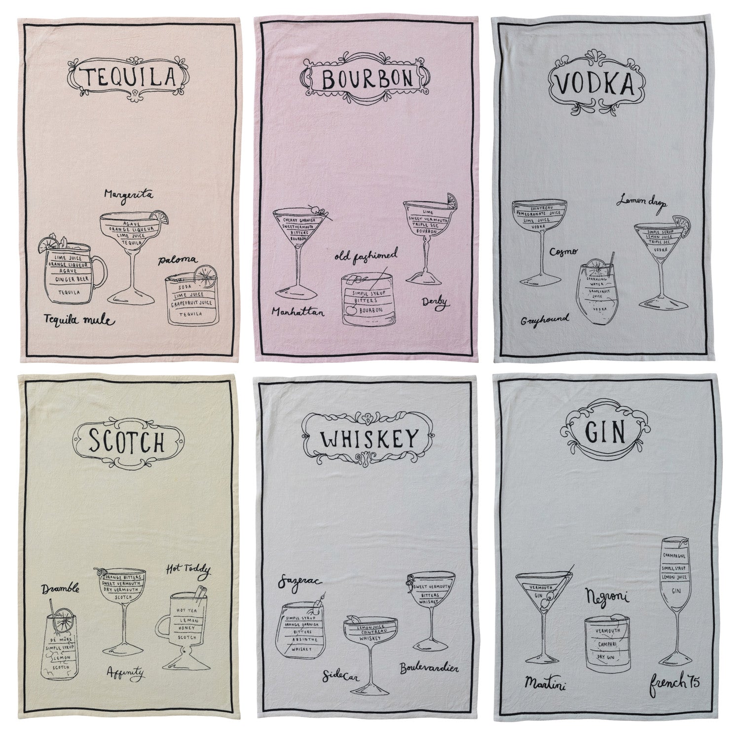 Linen Blend Tea Towel with Cocktail Recipes & Art - Vintage MC