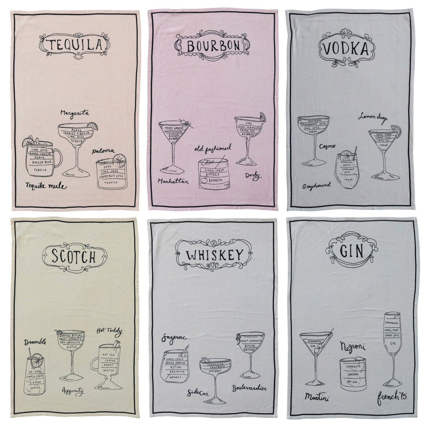 Linen Blend Tea Towel with Cocktail Recipes & Art - Vintage MC