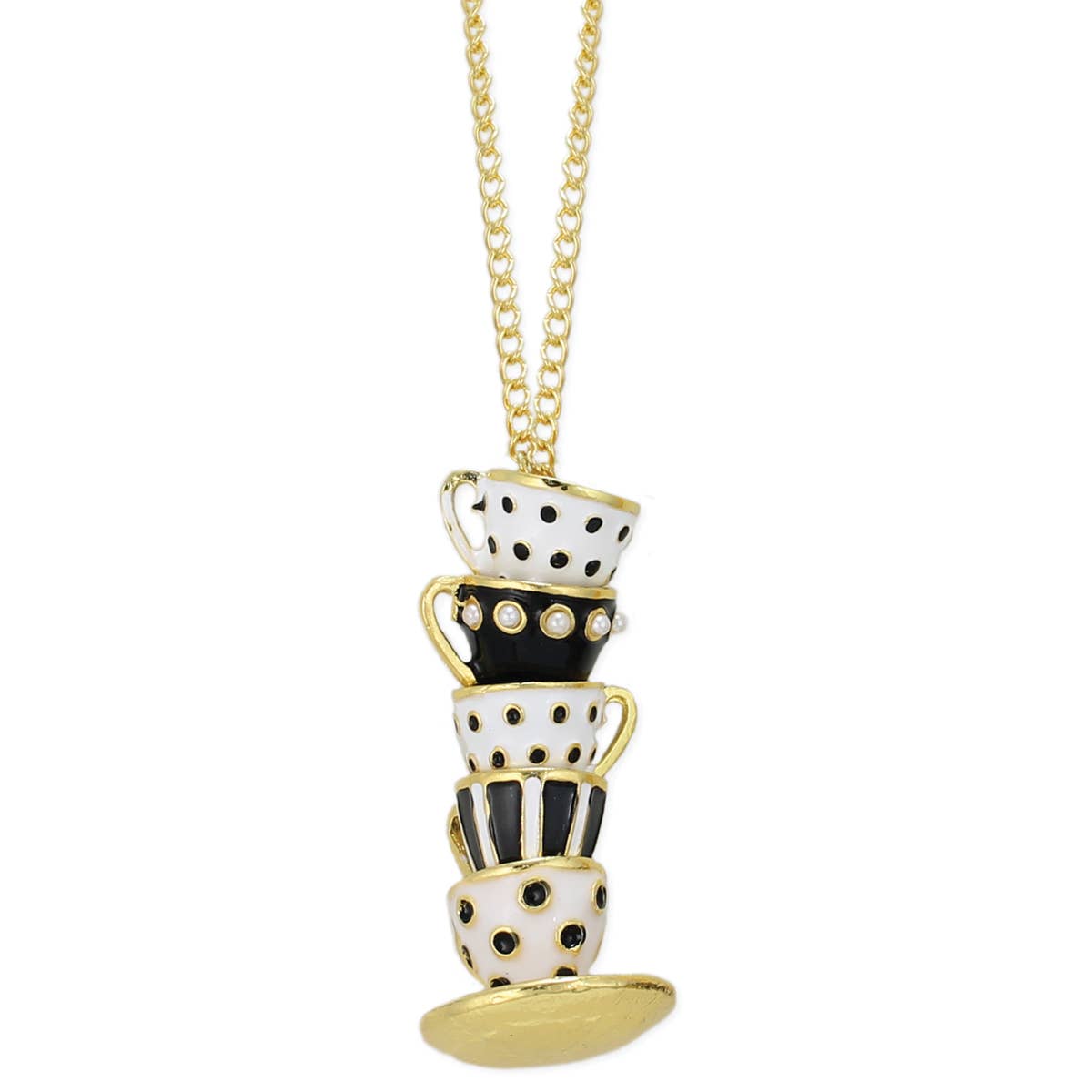 Mad Hatter Black Teacup Stack Gold Necklace - Vintage MC