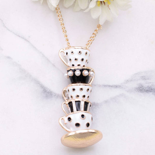 Mad Hatter Black Teacup Stack Gold Necklace - Vintage MC
