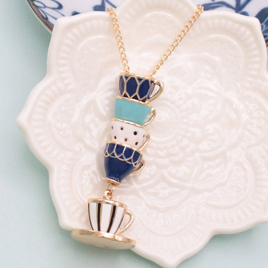 Mad Hatter Blue Teacup Stack Gold Necklace - Vintage MC