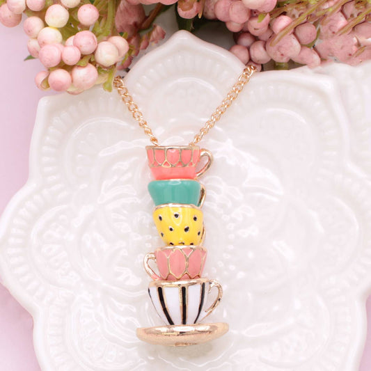 Mad Hatter Pastel Teacup Stack Gold Necklace - Vintage MC