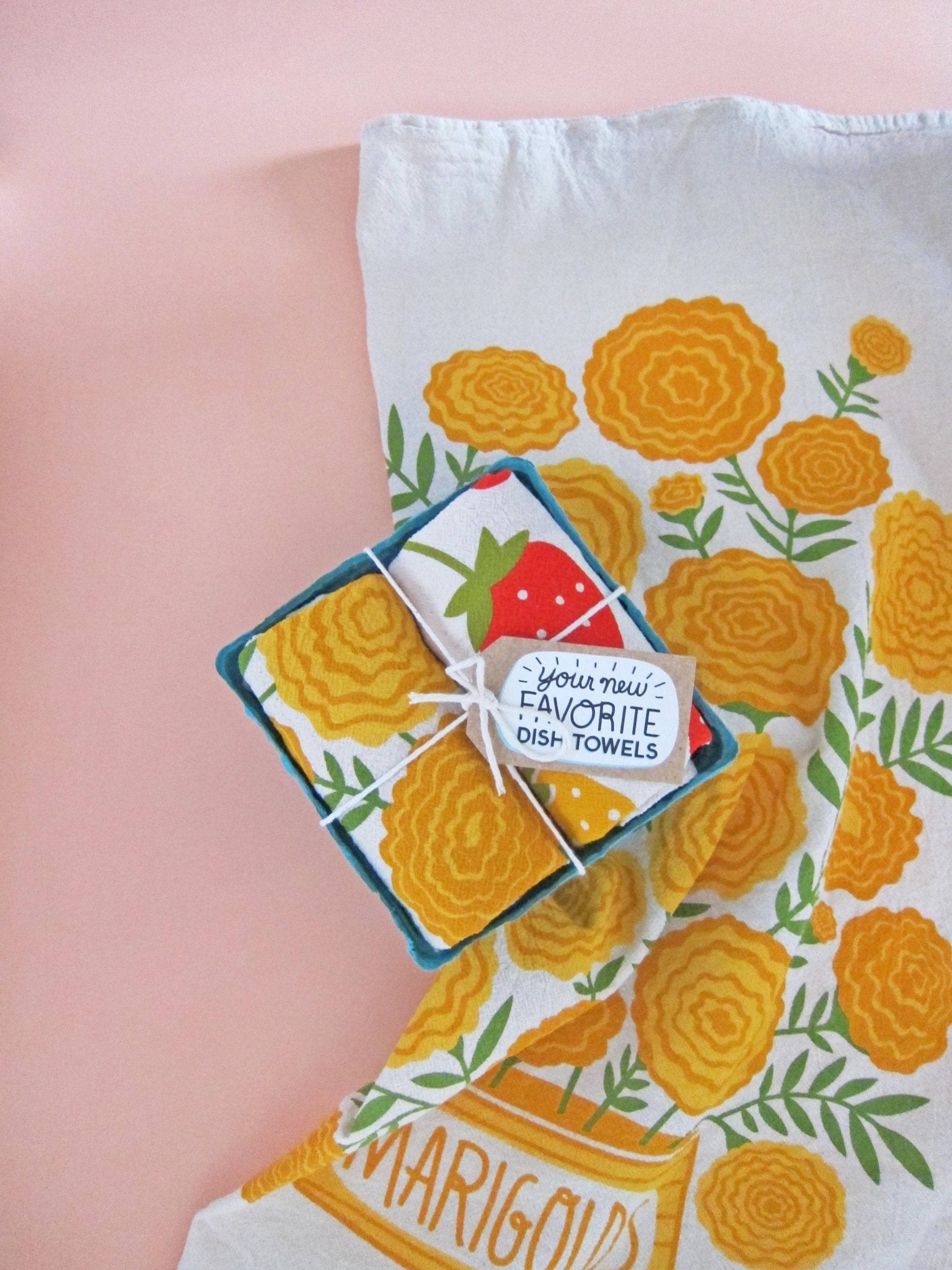 MARI BERRY (Marigold, Strawberry) - Tea Towel Set of 2 - Vintage MC