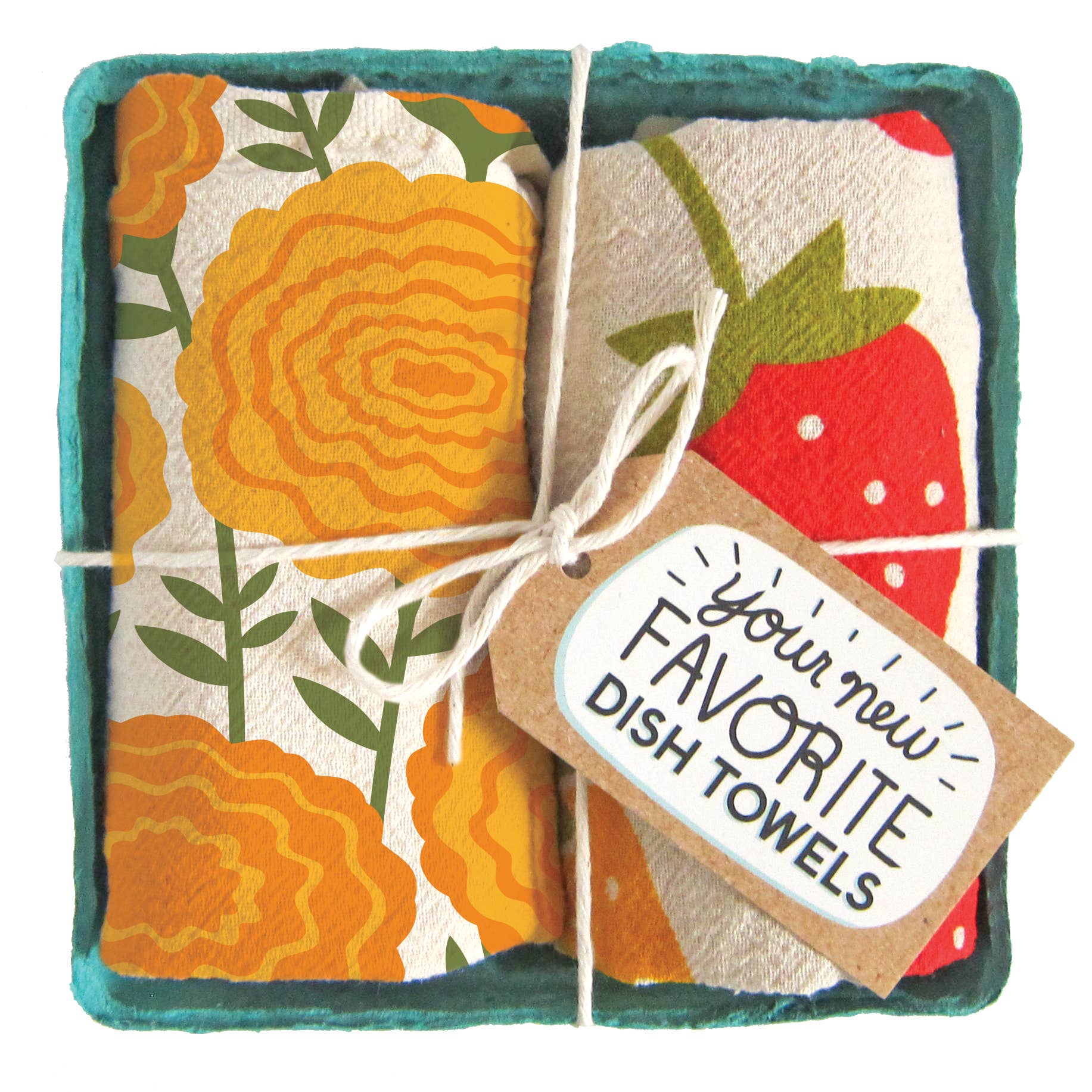MARI BERRY (Marigold, Strawberry) - Tea Towel Set of 2 - Vintage MC