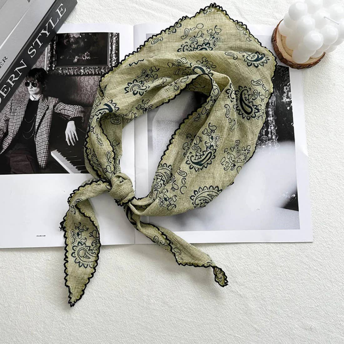 Paisley Print Triangle Scarf with Lace Edge - Vintage MC