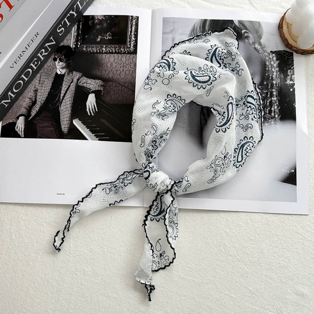 Paisley Print Triangle Scarf with Lace Edge - Vintage MC