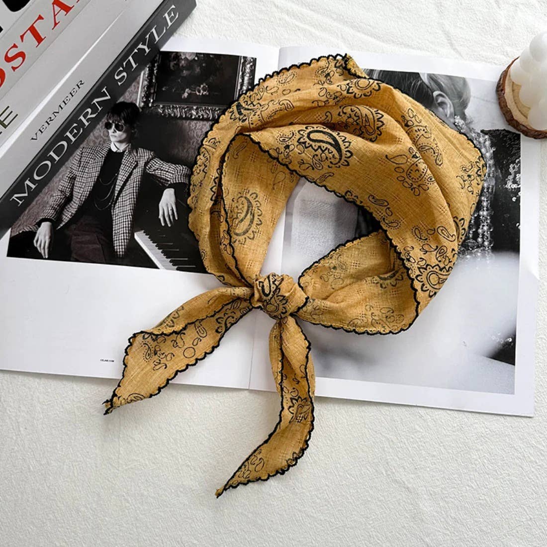 Paisley Print Triangle Scarf with Lace Edge - Vintage MC