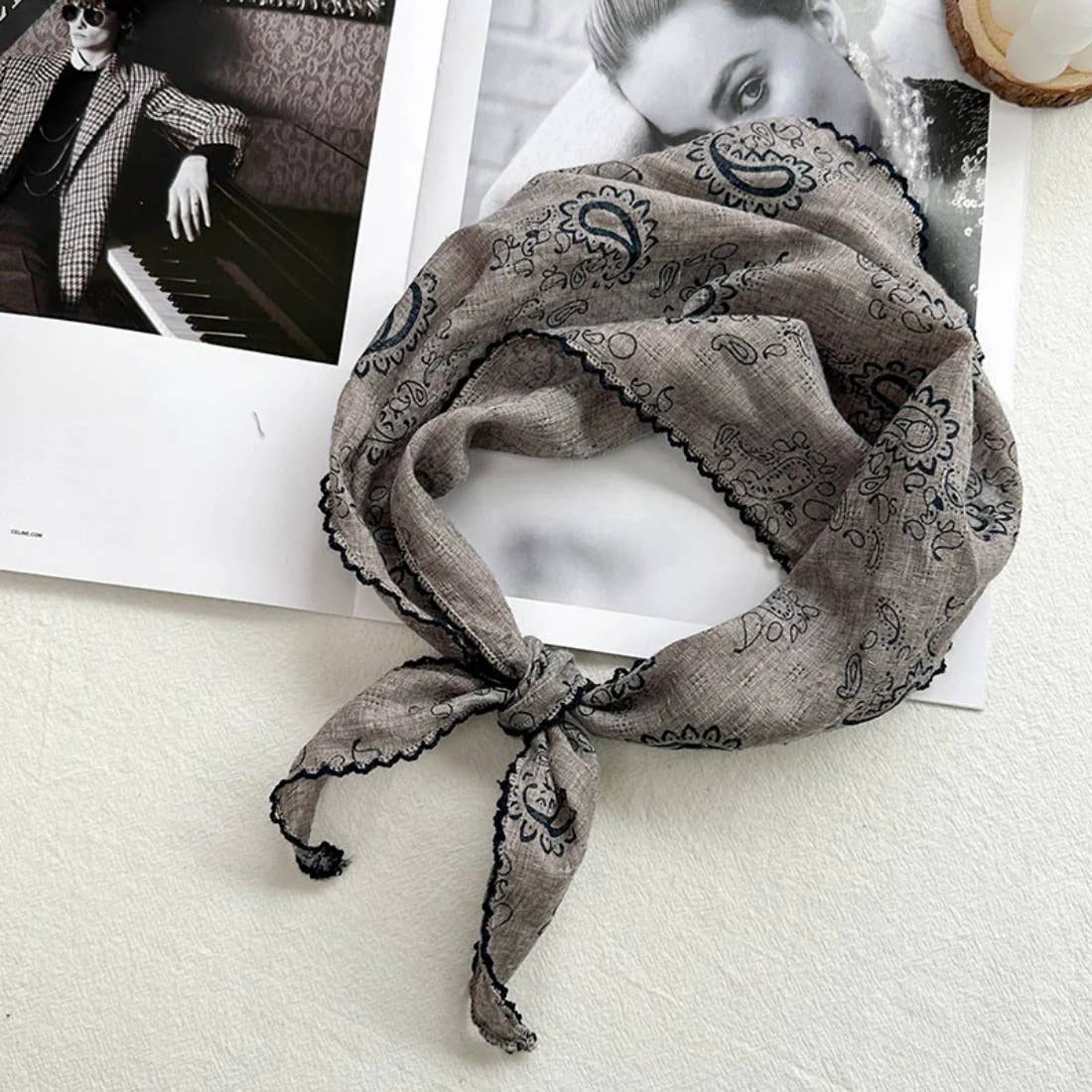 Paisley Print Triangle Scarf with Lace Edge - Vintage MC