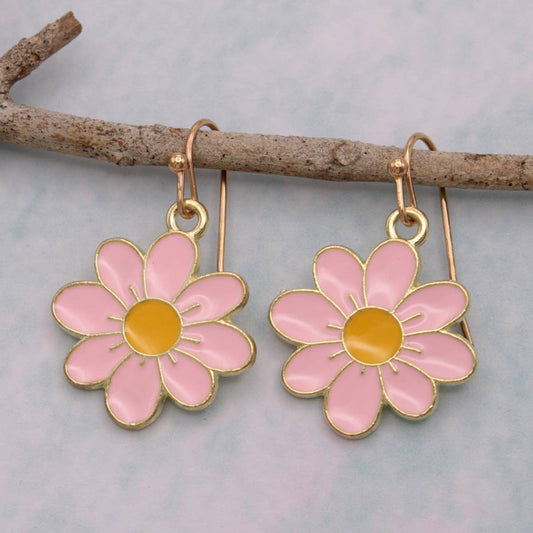 Pastel Pink Daisy Gold Enamel Earrings - Vintage MC