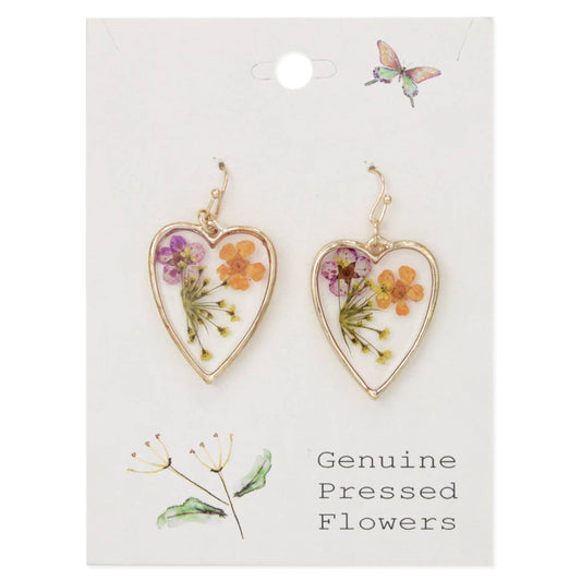 Purple Orange Dried Flower Gold Heart Earrings - Vintage MC