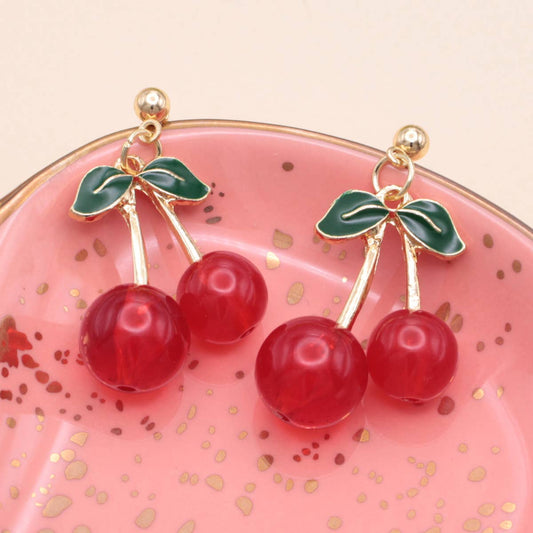 Red Ripe Cherries Post Gold Earrings - Vintage MC