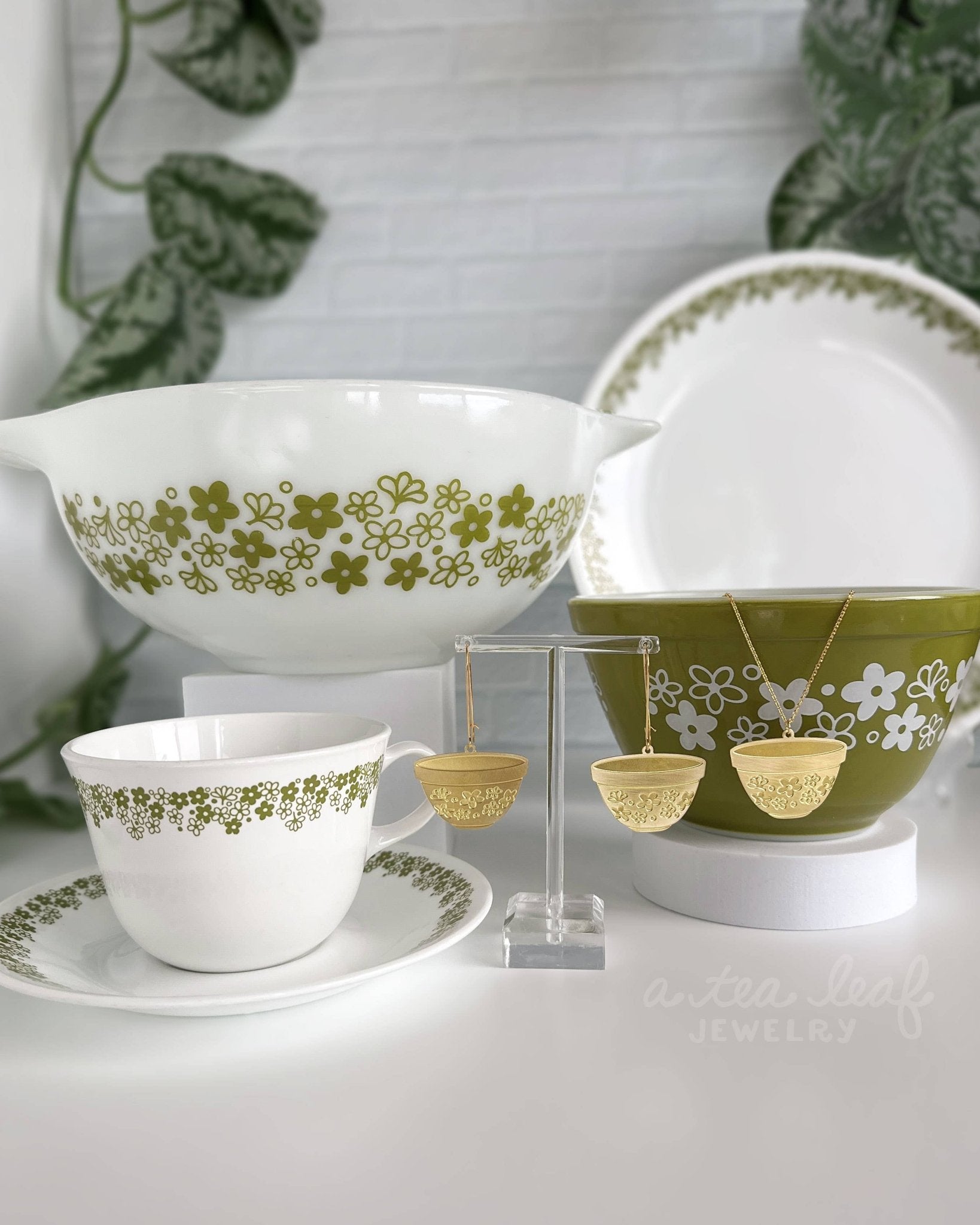 Retro Pyrex Bowl Earrings | Spring Blossom Green Pattern - Vintage MC
