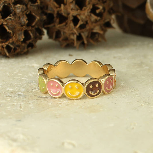 Retro Smiles Happy Face Band Ring - Vintage MC