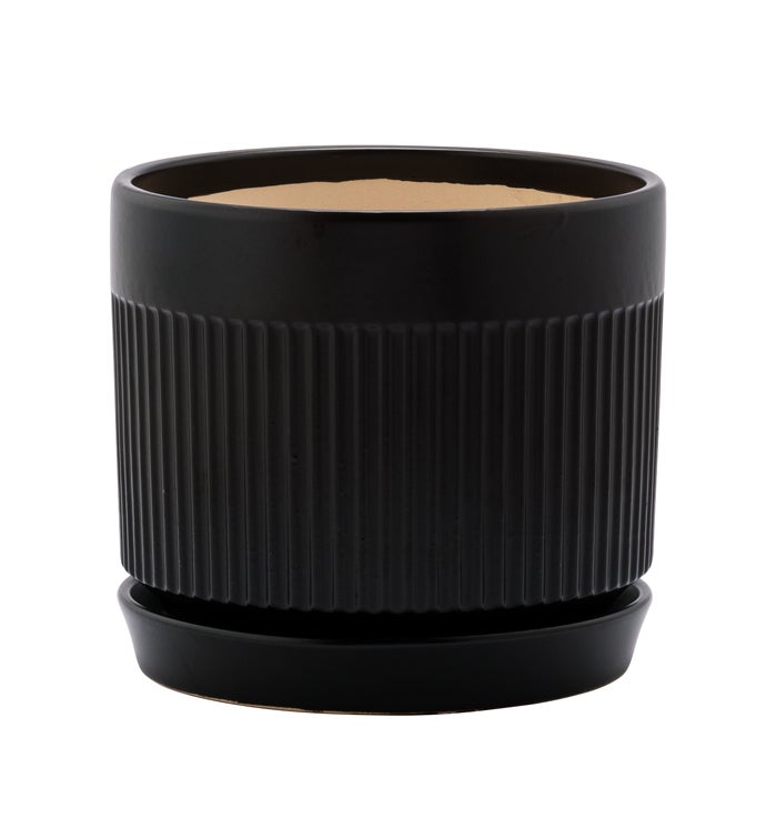Ribbed Black Planter with Saucer - Vintage MC