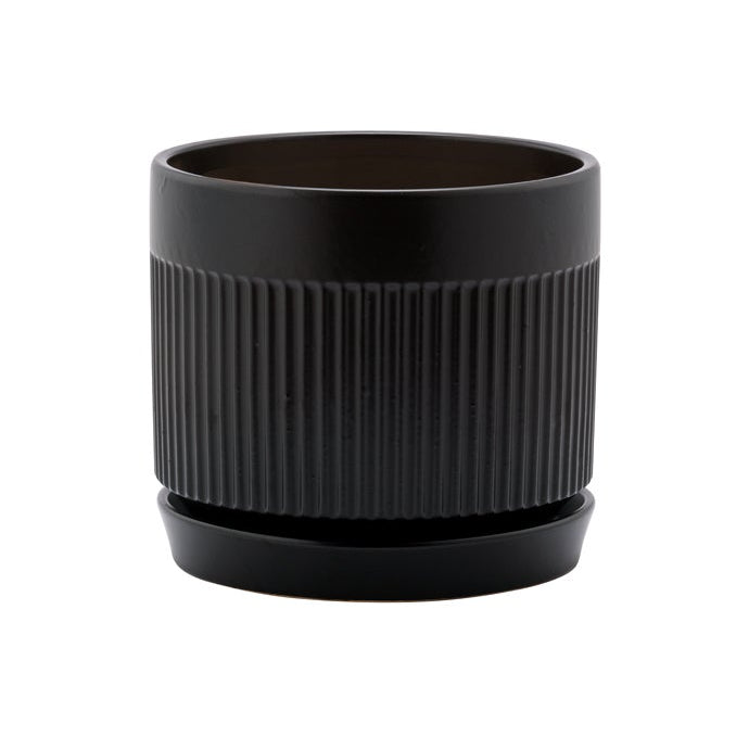 Ribbed Black Planter with Saucer - Vintage MC