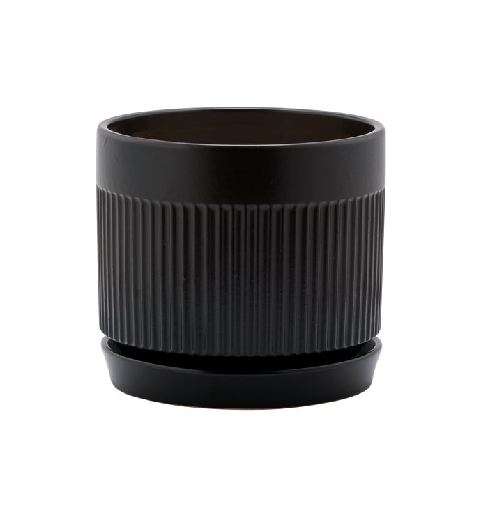 Ribbed Black Planter with Saucer - Vintage MC