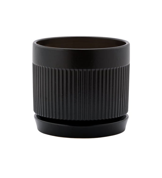 Ribbed Black Planter with Saucer - Vintage MC