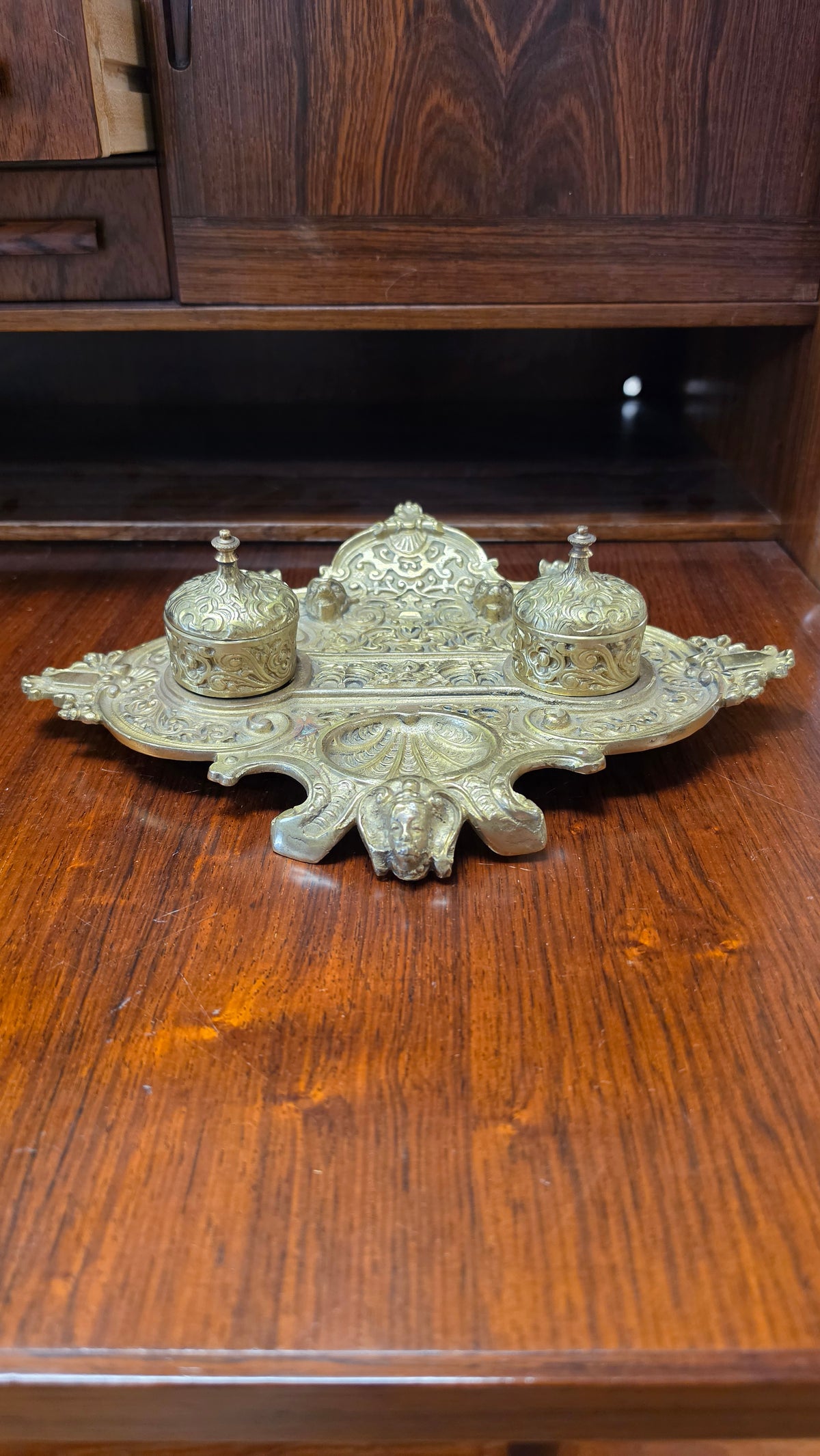 French Brass Double Inkwell, Rococo Revival