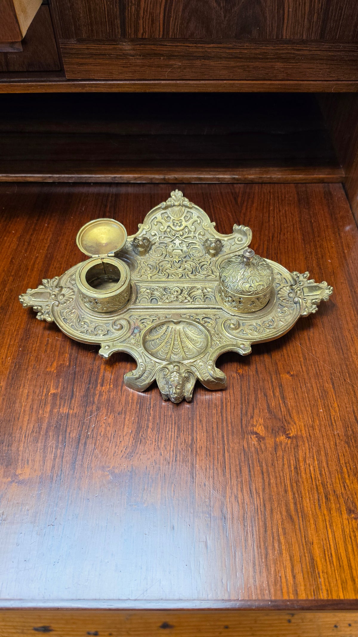 French Brass Double Inkwell, Rococo Revival