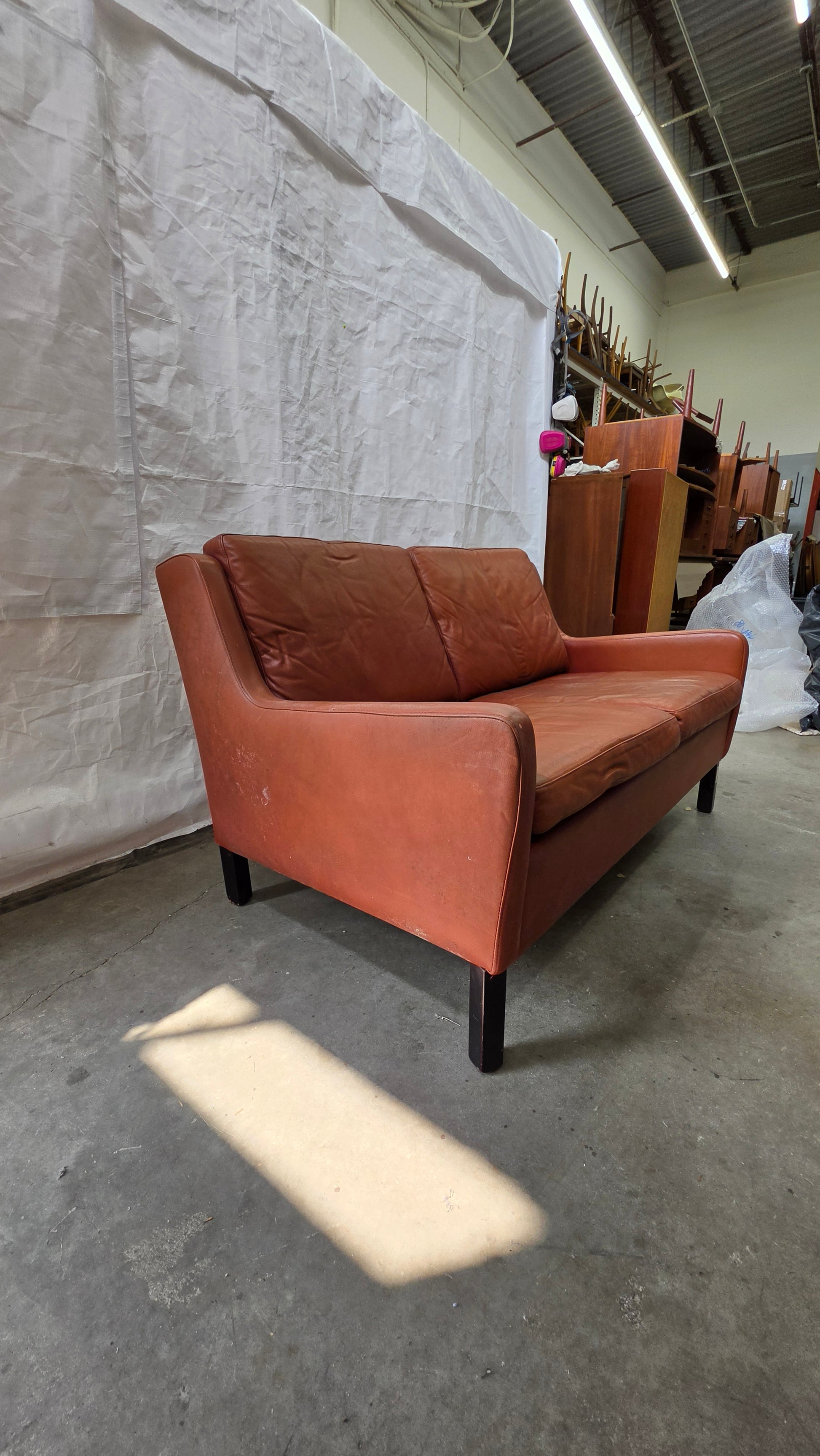 Danish Brown Leather Loveseat