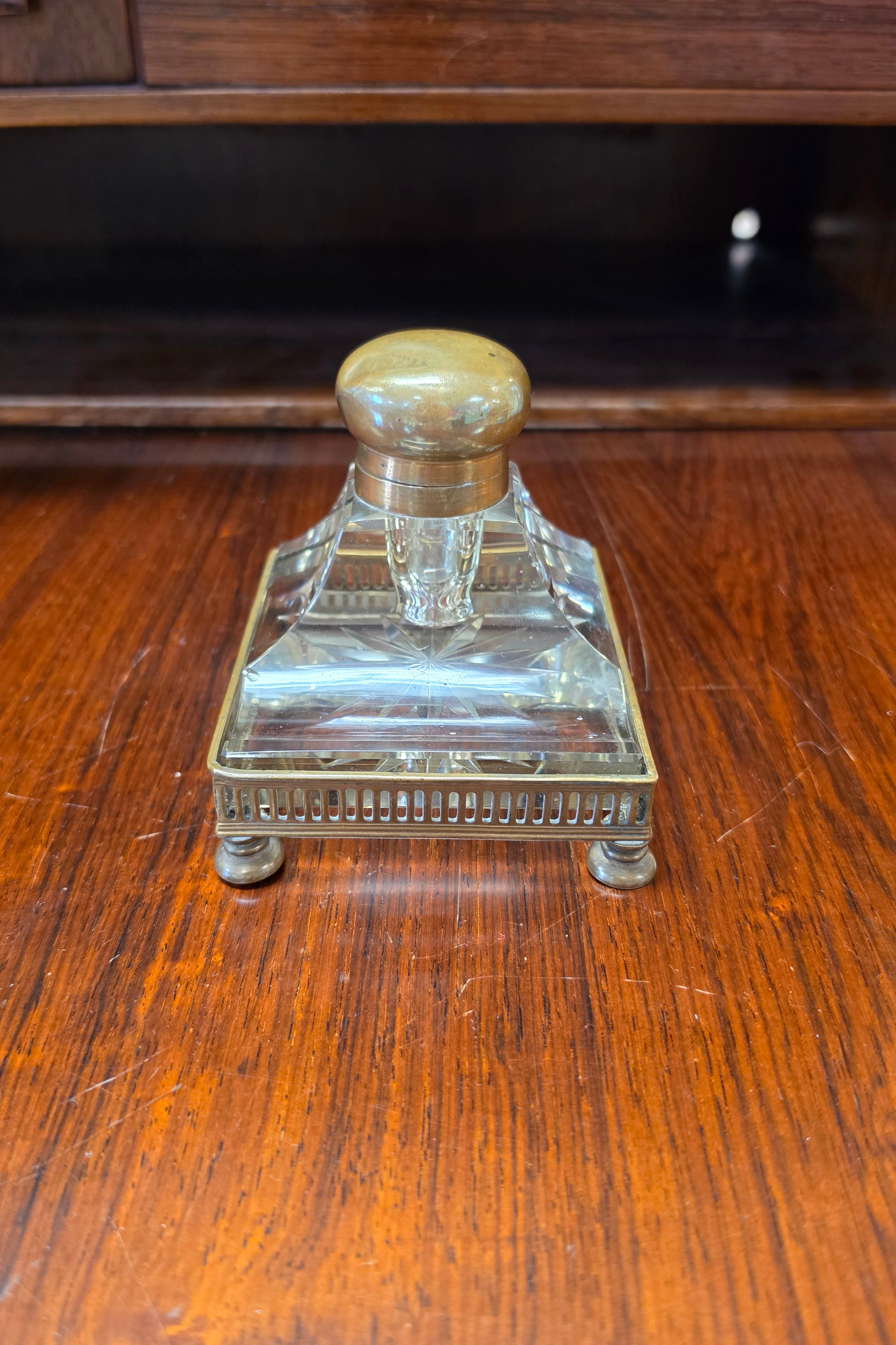Antique French Crystal Inkwell | Belle Époque | Brass Gallery & Bun Feet | c. 1880–1910